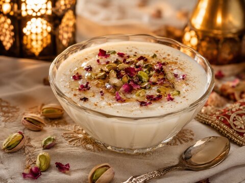 Syrische Muhallabia mit Pistazien und Rosenbl&uuml;ten in dekorativer Glasschale, stimmungsvolle orientalische Dessertfotografie mit warmem Licht, cremig, elegant und authentisch.