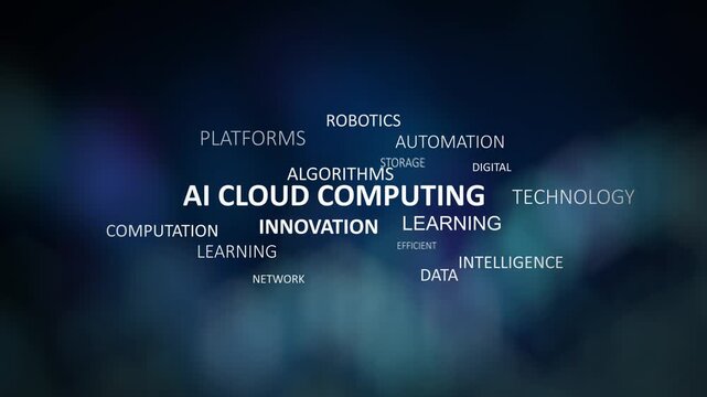 AI Cloud Computing Word Cloud Typography Animation on Dark Abstract Background, Stock Video Loop Representing Tech Innovation, Robotics, Data Intelligence, Automation Platforms, Machine Learning, Digi