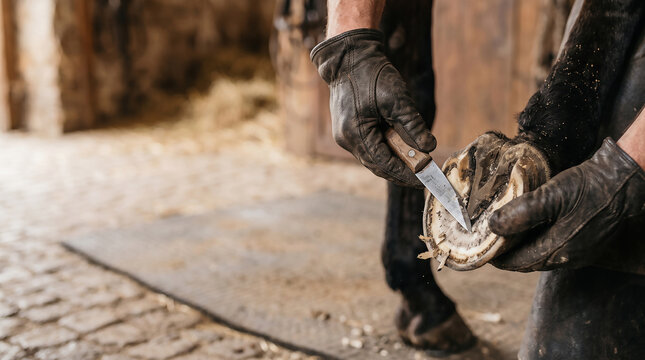 Professional farrier trimming horse hoof with knife in rustic stable during National Farriers Week to celebrate essential equine healthcare and skilled craftsmanship