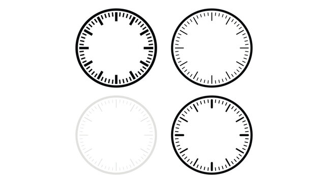 Multiple minimalist circular clock faces featuring precise black tick marks on a clean white background design