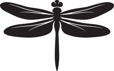 Naklejka premium Symmetrical black silhouette of a dragonfly with four extended wings, a slender segmented body, and a distinct head, isolated on a also transparent background