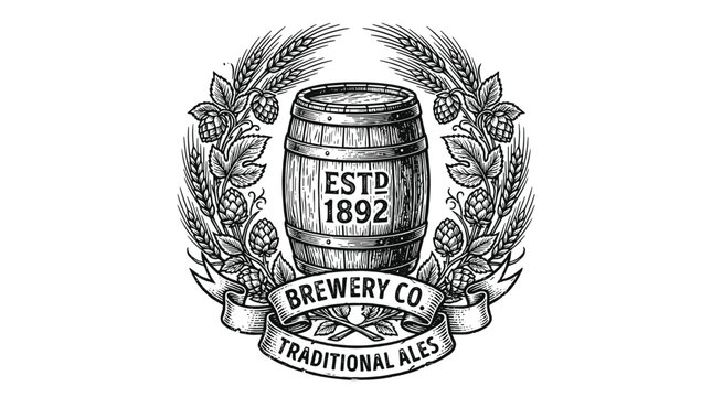 Brewery logo with wooden beer barrel and wheat wreath.