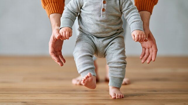 Small child learning to walk with adult hands guiding safely.