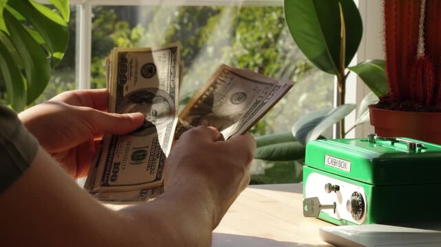 Finance man unrecognizable counting dollars showing personal investments and cash savings concept in 4K Ultra HD footage.
