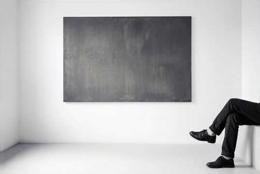 Large gray, often called a monolithic slab or a void piece, hangs on a stark white wall. The textured artwork rests within a bright, empty studio setting.