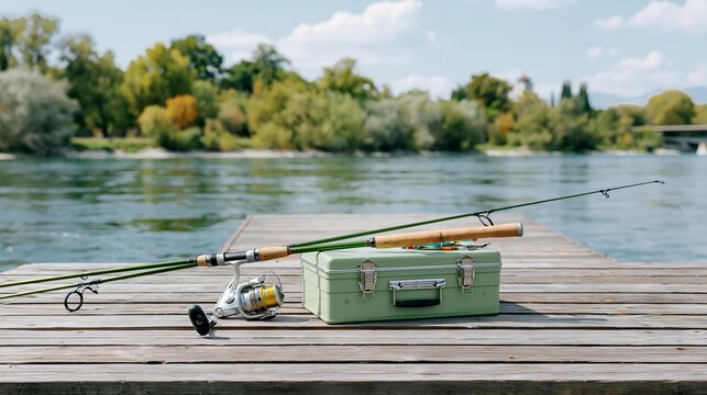 Fishing gear on dock near calm river with trees and clear sky.