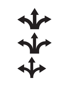 Three stacked black arrow each featuring a central upward pointer with two symmetrical curved side arrows pointing left and right also transparent background