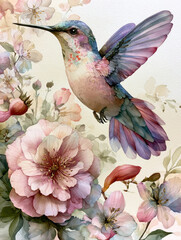Fototapeta premium Beautiful watercolor painting of a hummingbird flying among pink blooming cherry blossoms and wild roses delicate artistic nature illustration pastel colors greeting card background banner