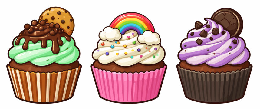 Set of three cupcakes with green mint, white vanilla and purple frosting topped with cookie, rainbow and oreo decorations. Sweet dessert collection vector for bakery and party design.