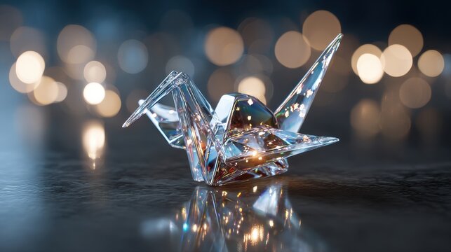 Beautiful glass origami crane bird sculpture reflecting bright golden bokeh lights on a dark wet surface elegant crystal paper crane background luxury decorative art illustration