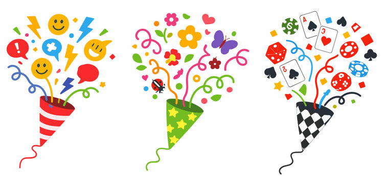 Collection of three festive party poppers bursting with emoji faces, flowers and butterflies, and playing cards with dice for fun celebration designs.