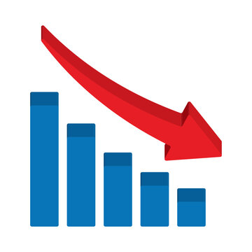 3D isometric declining bar chart icon with red arrow pointing down isolated on white. Flat volume business financial crisis symbol for bankruptcy, economic recession and stock market crash
