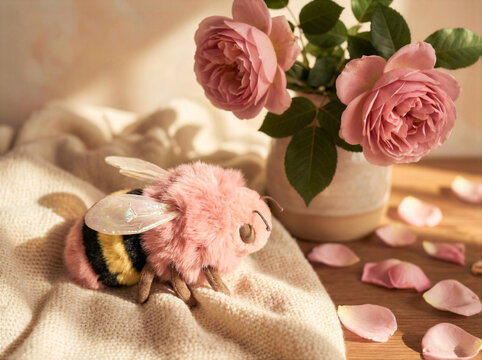Charming fuzzy bumblebee, also known as a honey bee plush or a soft pollinator toy, lies against a cream blanket. This adorable fuzzball sits near pink roses in warm sunlight.