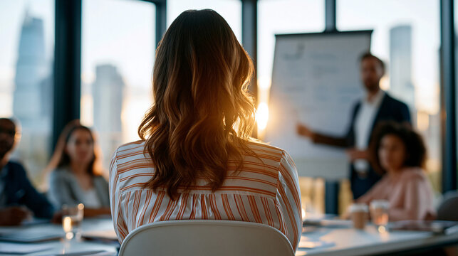 Faceless presenter at a flip chart addressing seated colleagues by bright sunlit windows with city views soft daylight and clean interior distant composition business training