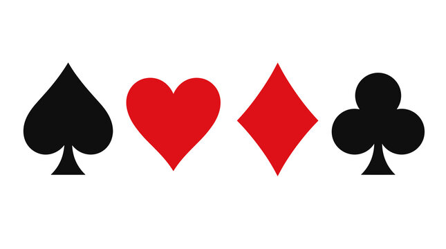 Playing Card Suits: A clear and concise representation of the four standard playing card suits: spades, hearts, diamonds, and clubs, set against a stark white background.