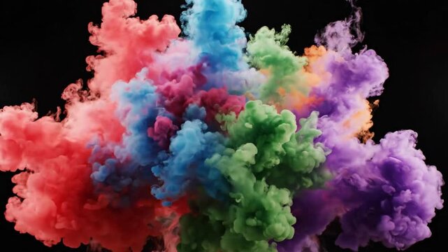 Multicolor smoke and cloud on black background with various shades and patterns emerging in the center