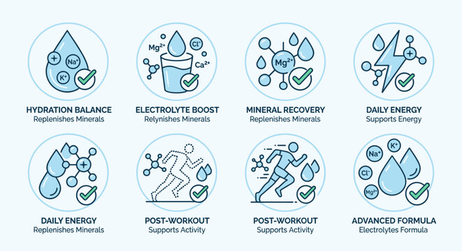 Infographic icons for hydration, energy, and post-workout recovery with electrolytes
