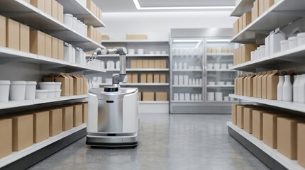 Obraz premium Autonomous robotic assistant navigating aisle and checking shelves in modern grocery store