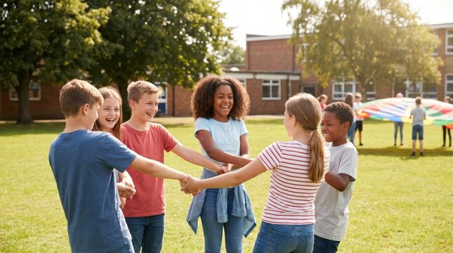 Diverse group of smiling children holding hands and playing together in sunny schoolyard