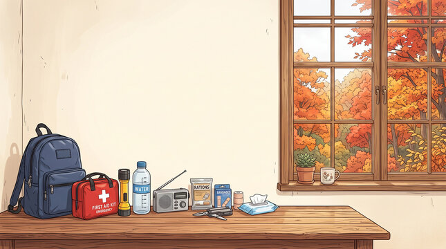 木のテーブルに防災用品を整然と並べた防災コンセプトイラストです。
窓の外には紅葉が見え、暖かな季節感を演出しています。