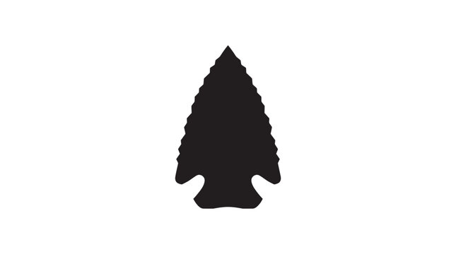 A sharp black obsidian arrowhead silhouette design featuring jagged edges isolated on a plain white background