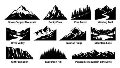 Mountain Landscape Silhouettes with Forest Peaks River Valley and Hiking Trails © Afjal12