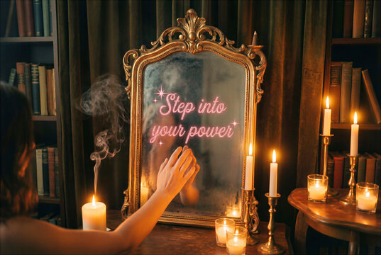 Antique looking glass reflects a hand reaching toward glowing words. This scrying tool sits amidst flickering candles and a library setting, creating a ritualistic atmosphere.