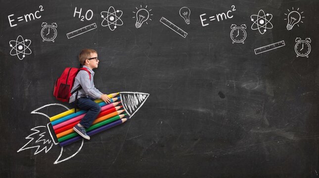 Boy riding pencil rocket on blackboard