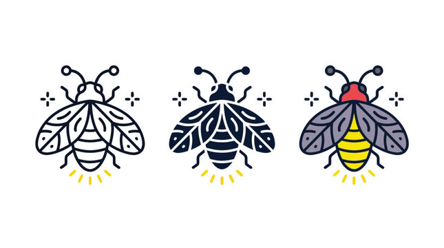 Three stylized firefly icons depicted in flat vector line art with vibrant yellow glowing light