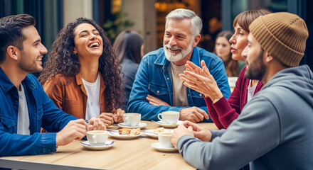 Fototapeta premium Group of diverse friends laughing at a cafe table. Multi-generational people socializing and drinking coffee together in an outdoor bistro. Social gathering and friendship lifestyle