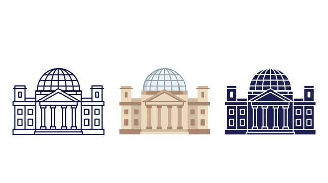 Three variations of the german reichstag building icon set featuring clean lines and flat colors