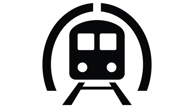 Minimalist black train icon inside a circular tunnel silhouette isolated on a clean white background