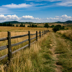 Obraz premium A beautiful countryside scene on a sunny day with a rustic wooden fence leading along a dirt path through rolling golden fields and distant hills.