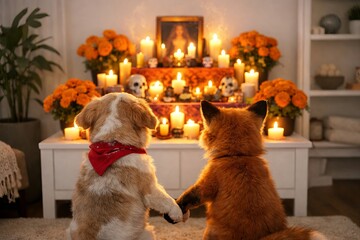 Obraz premium Adorable dog and fox holding paws in front of day of the dead altar with marigolds and candles. concept of cross-species friendship, cultural celebration, animal companionship.