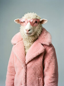 Stylish ewe posing in a plush pink coat and trendy eyewear. This woolly fashionista looks ready for a runway, showcasing a soft fleece and accessories.