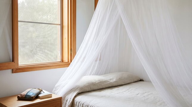 Cozy bright bedroom interior featuring bed with white mosquito net canopy