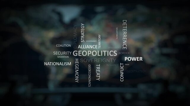 Geopolitics Word Cloud Kinetic Typography Animation on Dark Blurred World Map Background, Stock Video Loop Representing International Power Dynamics, National Sovereignty, Hegemony, Treaties, Strategy
