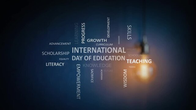 International Day of Education Word Cloud Kinetic Typography Animation on Dark Background with Glowing Lightbulb, Stock Video Loop Representing Empowerment, Academic Teaching, Literacy, Scholarship, K