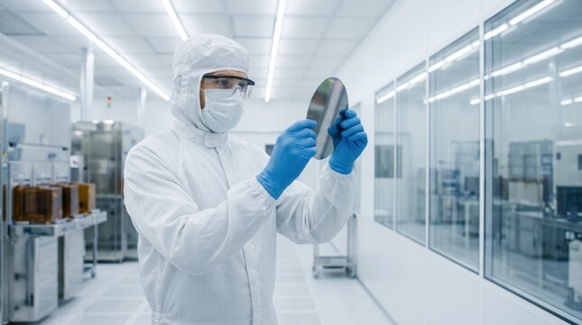Cleanroom worker in protective suit carefully inspecting blank semiconductor silicon wafer