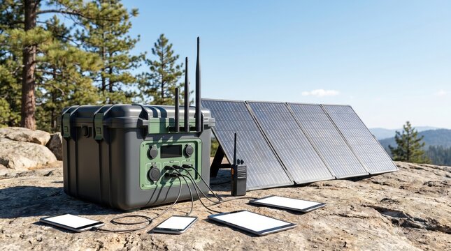 Portable solar generator charging multiple mobile devices on rocky terrain outdoors