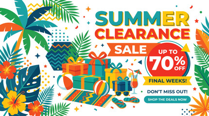 Obraz premium Vibrant summer clearance sale banner with tropical leaves, gifts, and up to 70% off deals