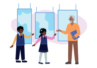 Obraz premium On museum excursion. Elderly man guiding children tour. Vector illustration for education, cultural banner, or museum event flyer.