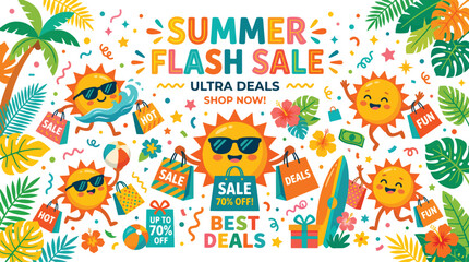 Fototapeta premium Exciting Summer sale banner with cheerful sun characters shopping and offering ultra deals and best discounts