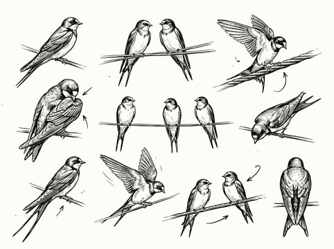 Hand drawn black ink sketch of swallow bird on wire, isolated nature illustration set on white background