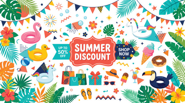 Vibrant summer sale discount with tropical elements and shopping icons, perfect for seasonal promotions