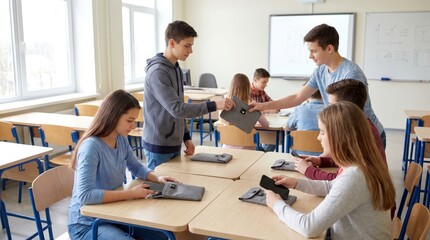 Fototapeta premium Students placing their smartphones into locking pouches in a school classroom