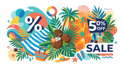 Fototapeta premium Vibrant summer sale announcement with tropical elements, percentage signs, and 50% off offer
