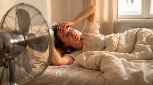 Exhausted woman suffering from summer heat wave lying in bed