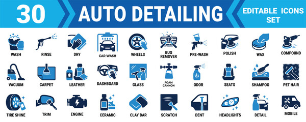 Set of 30 professional auto detailing service icons for car cleaning maintenance and vehicle care Minimal solid icon set bundle collection. Editable Vector Illustration Mega pack