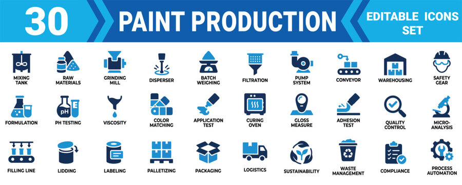 Set of 30 editable icons showing the industrial paint production process and manufacturing factory Minimal solid icon set bundle collection. Editable Vector Illustration Mega pack